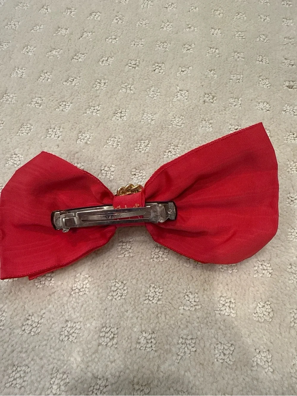 Vintage Style Red Bow Hair Barrette Faux Pearl Gold Tone Preppy